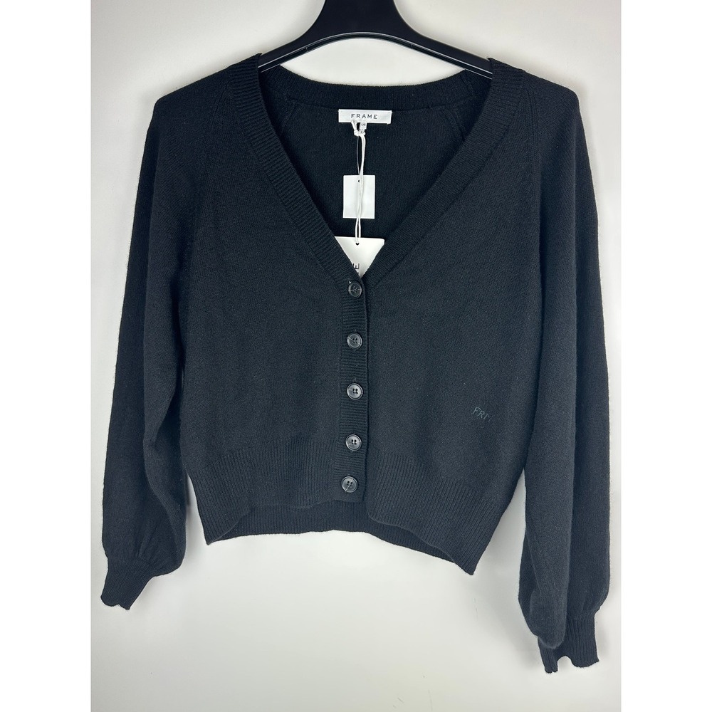 FRAME 100% Cashmere Linked Cardigan Sweater Long Sleeve Button Black Size Large - Picture 2 of 16
